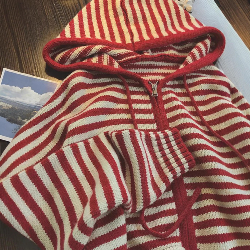 Little C Autumn and Winter Women's Contrast Stripe Hooded Knitted Cardigan New Loose Design Student Knitted Jacket