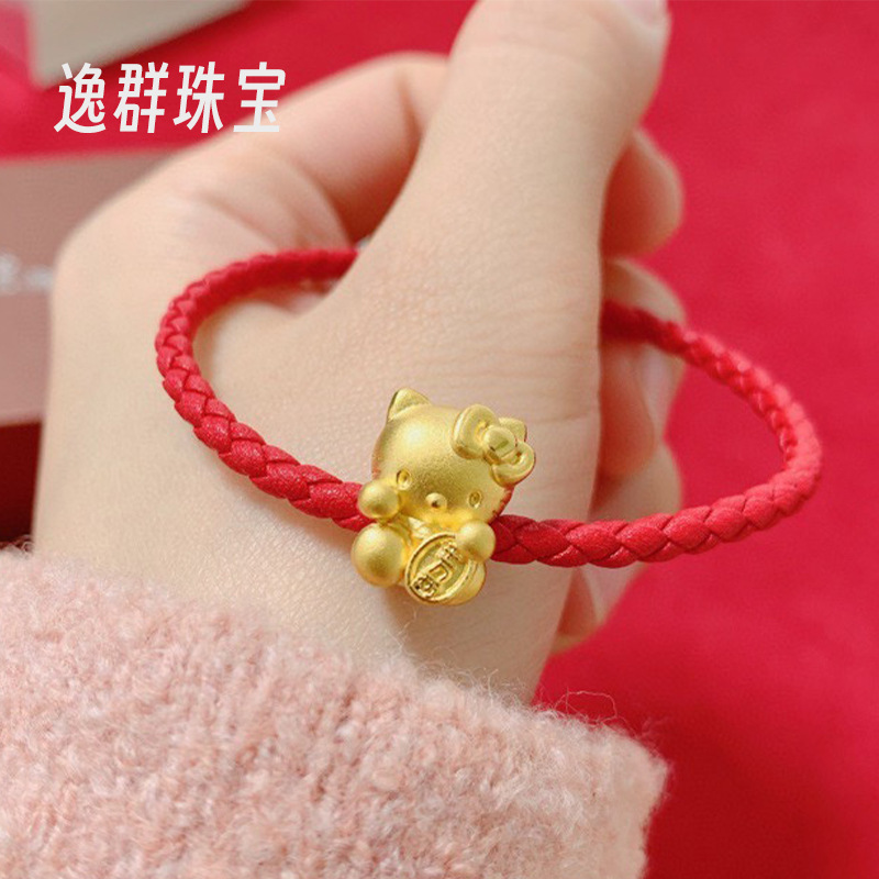Pure Gold 999 Gold Hello Kitty Bracelet Gold Bow 0kg Pure Gold Kt Cat Transfer Beads Red Rope