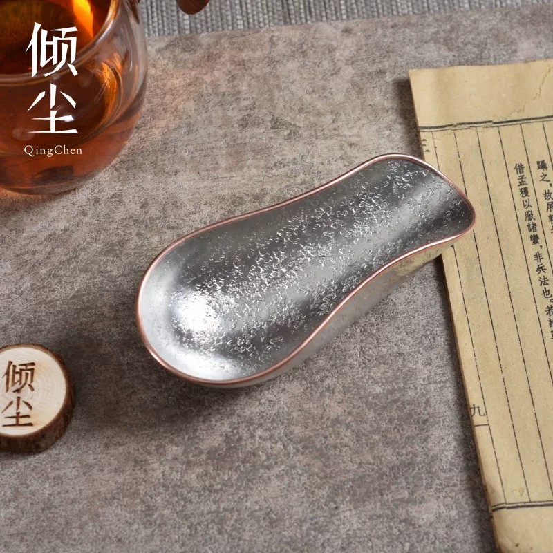 莲花瓣锤纹锡制茶则 紫铜包边茶荷赏茶器锡茶勺长14.5 宽6 窄口4