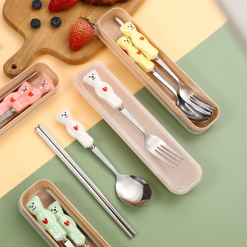 Corea del Sur ins lindo dibujos animados portátil de cerámica mango Acero inoxidable palillos Palillos vajilla hogar Bento desayuno