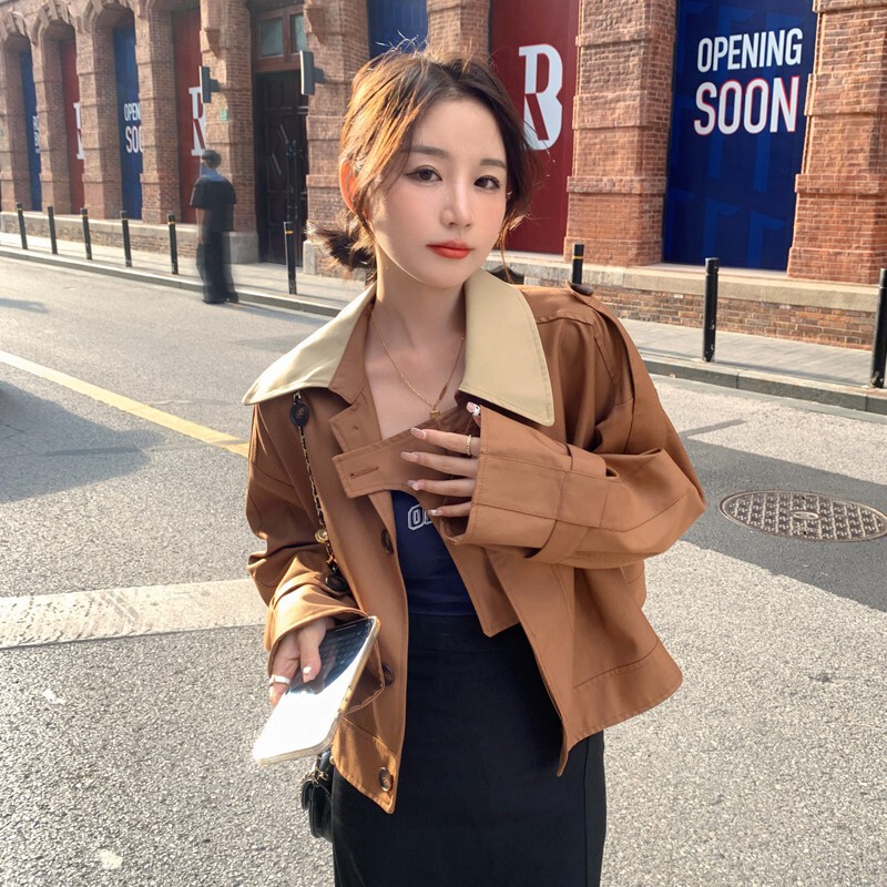 卡其色撞色风衣女短款新款设计感宽松高级感复古气质上衣百搭外套|undefined