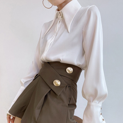 H8A point-neck satin shirt for women in spring and autumn, loose draping silk slip top, design, niche temperament, lapel