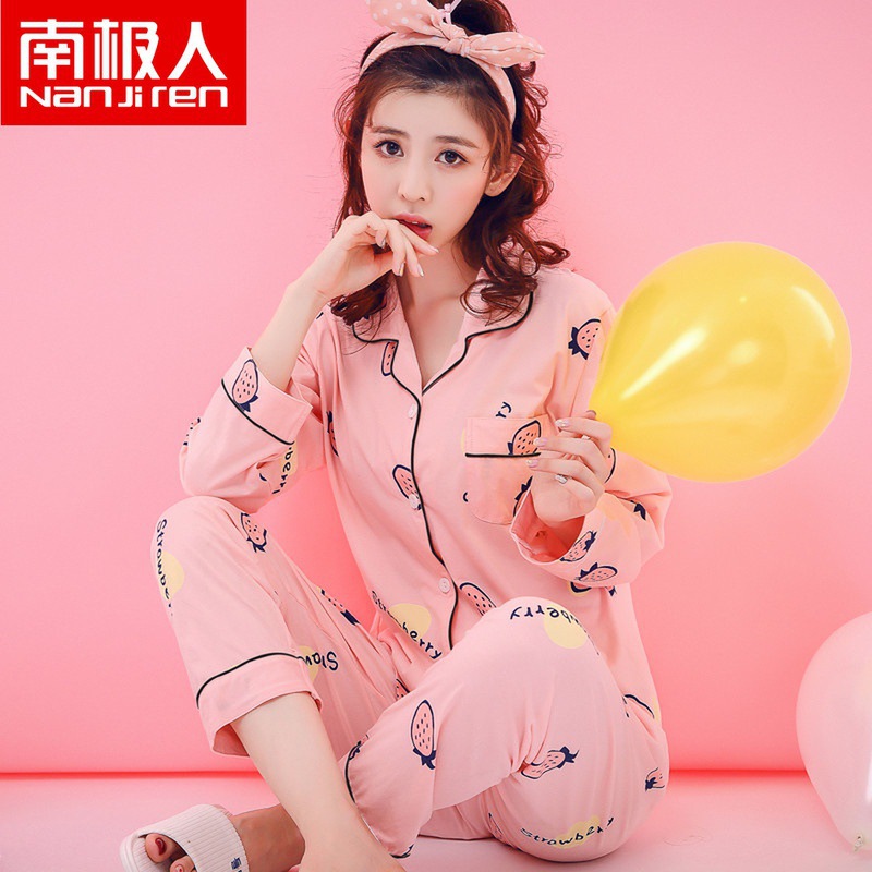 Pijamas de primavera y otoño de las mujeres de manga larga 100% algodón dulce lindo estudiante hogar desgaste de las mujeres de otoño más tamaño de algodón cardigan