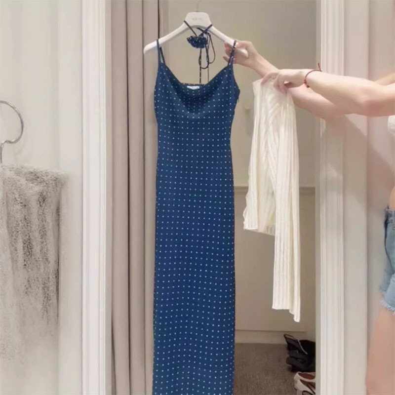 French-Style Pure Desire Blue Polka Dot Dress for Women, Summer High-End Slim-Fit Elegant Long Dress for Women