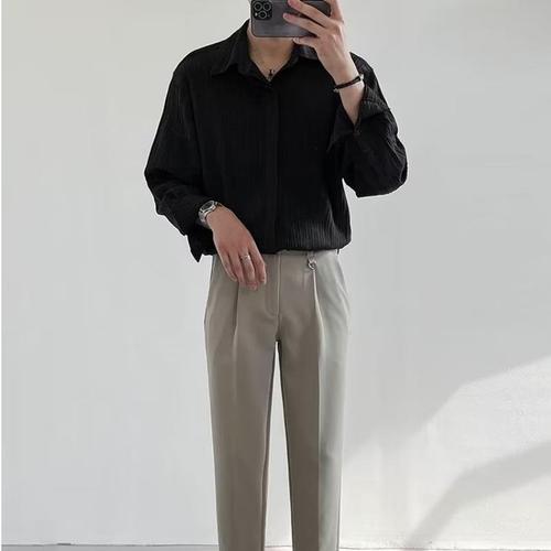 Texture Upgraded Long-Sleeve Striped Shirt for Men: Loose, Casual, and Trendy, with Korean Style, Iron-Free, Perfect for Autumn