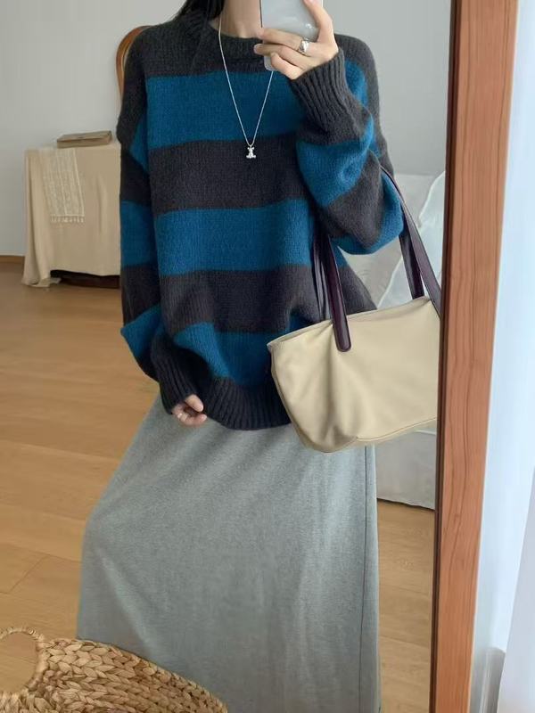 蓝色条纹毛衣女秋冬加厚内搭套头高级感软糯浣熊绒针织打底衫上衣|undefined
