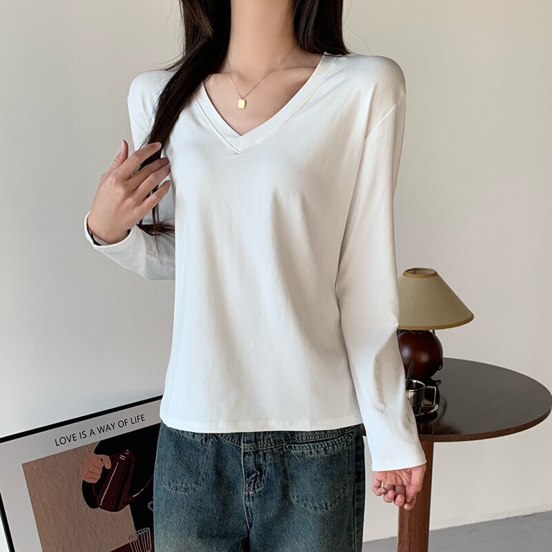 7144 # Actual Shot [260g Modal Thread] V Neck Long-Sleeved T-Shirt Women's Spring, Autumn and Winter Bottoming Shirt with Wide Inner