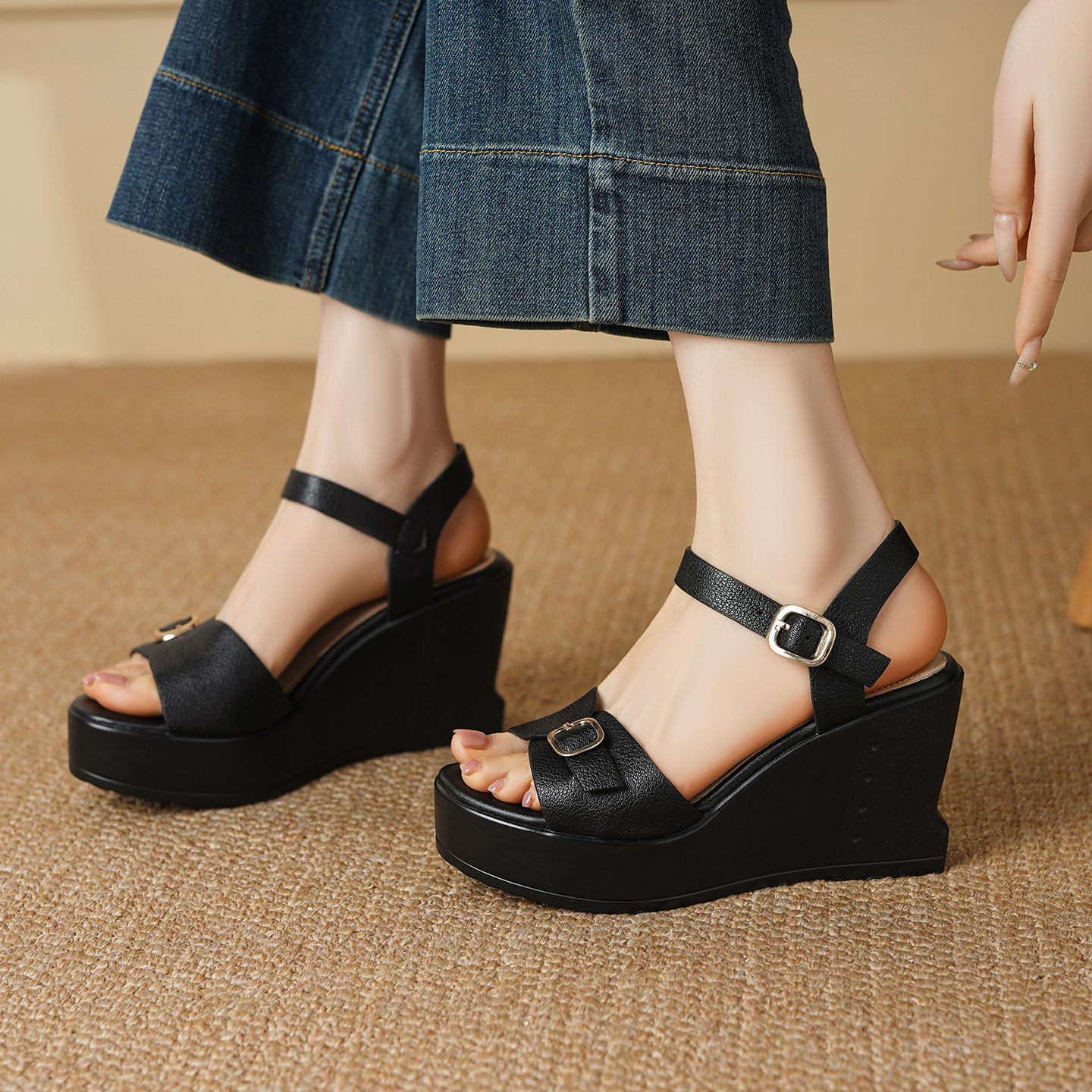 Sandal cao gót nữ mũi hở quai ngang đế xuồng da bò thật — màu nâu, màu đen