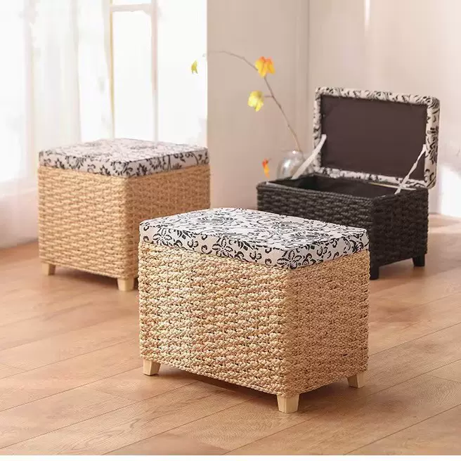 蒲草矮凳 门口家用坐凳收纳储物凳咖啡色长条凳客厅入户换鞋凳