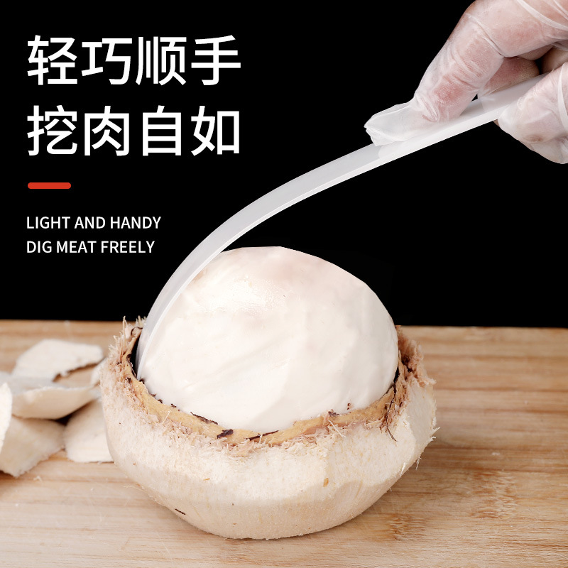 Coconut opener for extracting coconut "eggs" — soft, stainless steel tool designed specifically for gently removing coconut flesh, measuring softness, and effortlessly peeling or puncturing coconuts.