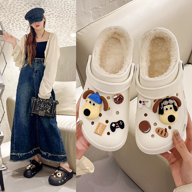 Croc Shoes Women's Autumn and Winter Ins Fleece-Lined Warm Thick-Soled Non-Slip Home and Outdoor Wear Medical Nurse Student Cotton Slippers Toe-Toe Shoes