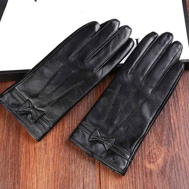 Guantes de piel de oveja de otoño e invierno para mujer forrados de lana engrosados deportes al aire libre guantes de pantalla táctil de arco de moda a prueba de frío cálido