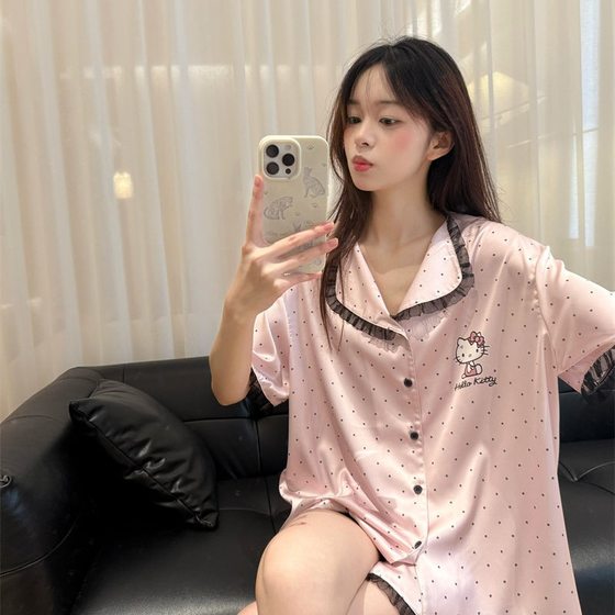 Polo Dot hellokitty Cat Pajamas Women's Summer New Style Lace Short-sleeved Japanese Student Home Clothes suit Outer Wear