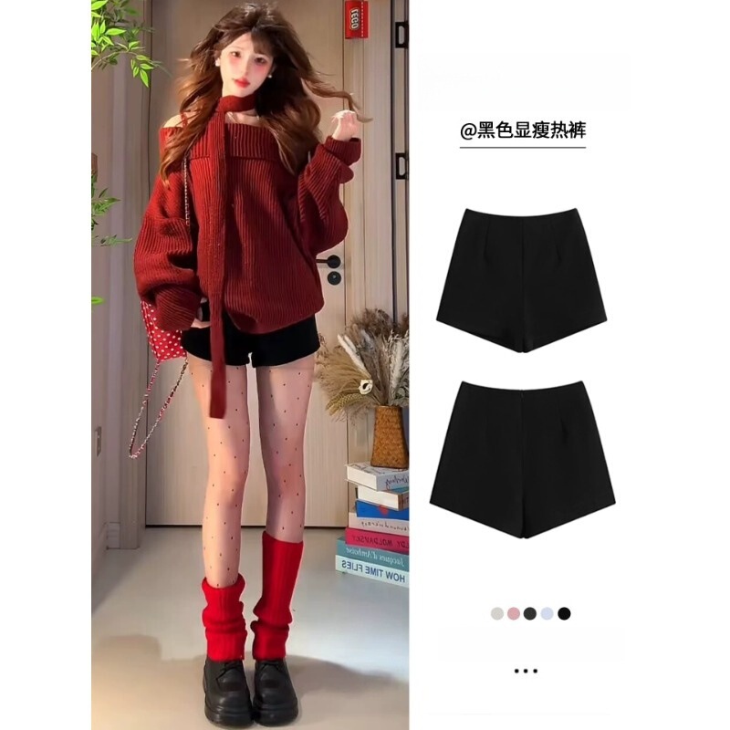 Black Suit-Style Hip-Hugging Shorts for Women, Autumn/Winter 2026, Fleece-Lined, High-Waisted, Slim-Fit, Flattering, Minimalist, Trendy Boot Shorts