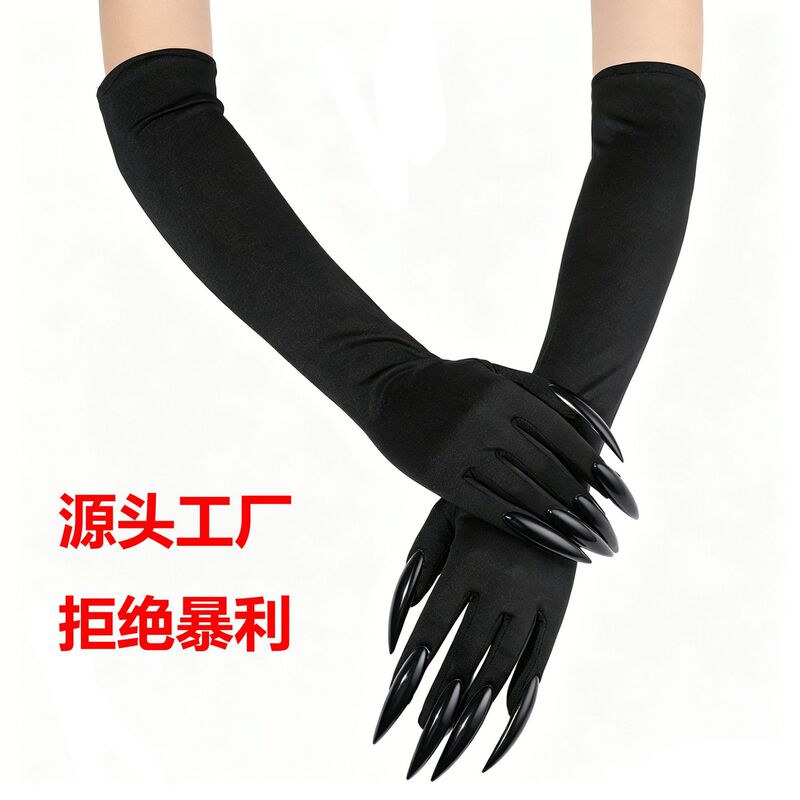 Halloween Witch Mid-Length Over-The-Elbow Gloves with Nail Decorations for Spooky Festival Costumes, Party Performances, and Christmas Gloves