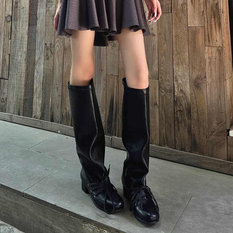 复古绑带小众设计感裤筒靴粗跟厚底长筒靴女不过膝尖头高筒骑士靴|undefined