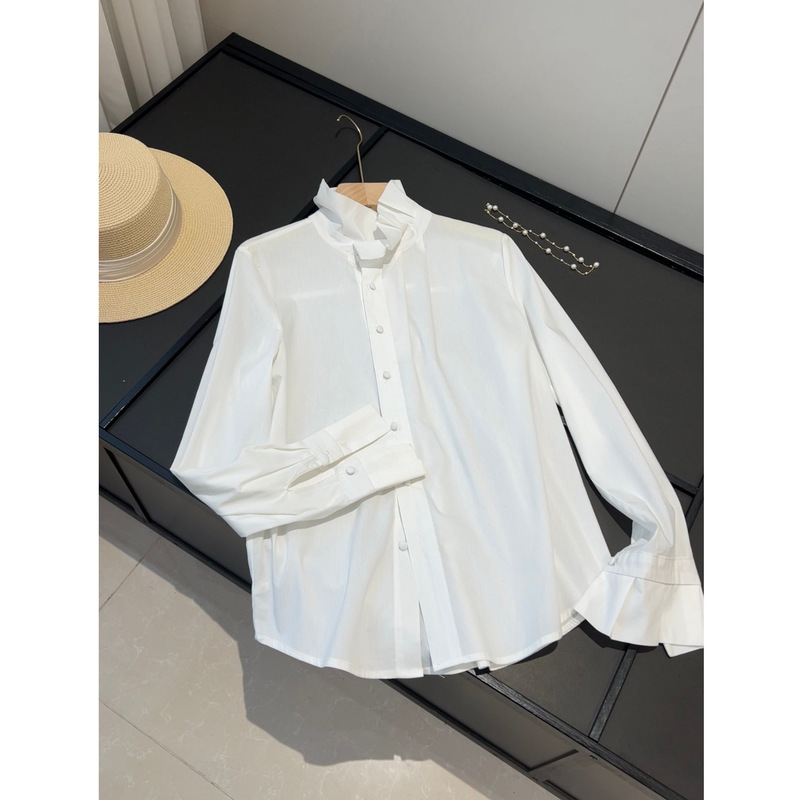 Stylish and Elegant! Unique Pleated Design, Stand-Up Collar, Buttoned Casual Workwear-Style Long-Sleeve Shirt, Light Luxury and Age-Reducing Top
