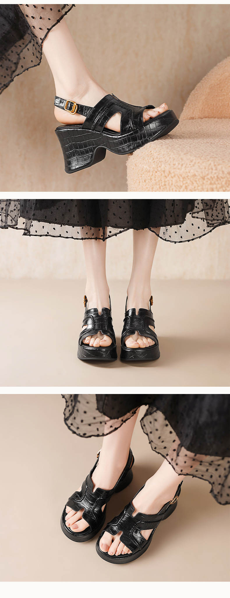 Sandal cao gót nữ đế xuồng platform gót 9 cm, mũi hở phong cách La Mã — màu đen, màu mơ chi tiết 4