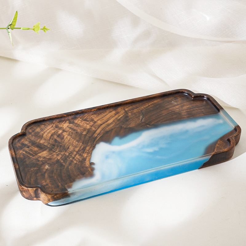 Nuevo chino epoxi resina seca burbuja Mesa negro nogal luz lujo hogar juego de té bandeja olla portavasos fruta bandeja