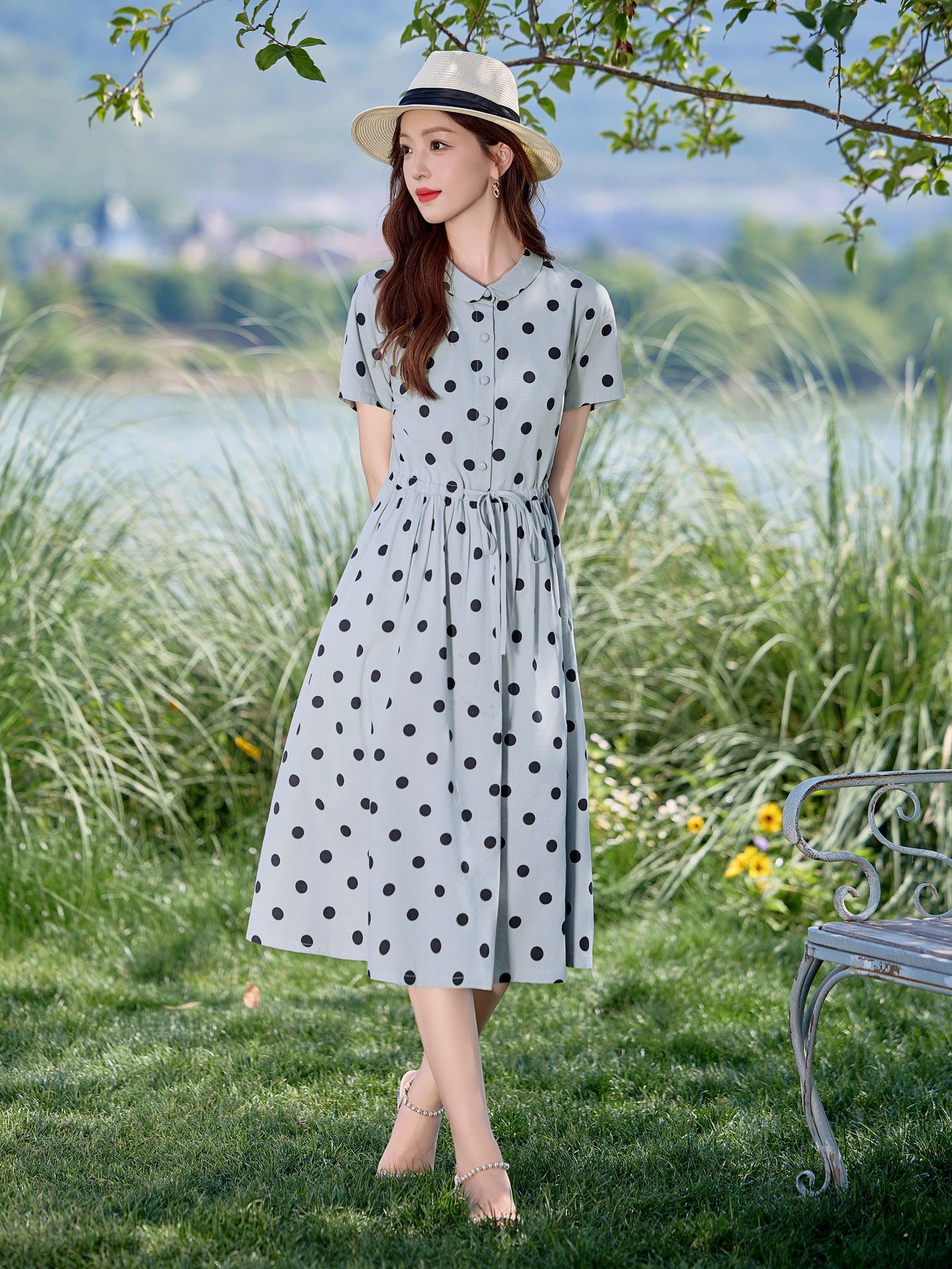Đầm maxi nữ chấm bi in họa tiết eo thon dáng midi thời trang NI502 — màu be, màu xanh