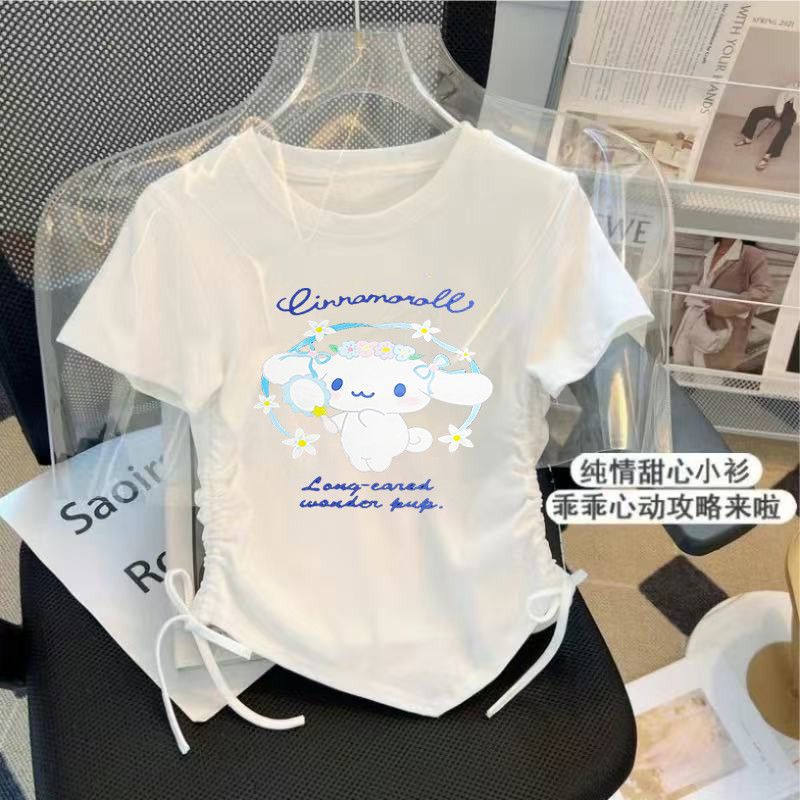 Cinnamon Dog Girls' Drawstring Short Sleeve T-Shirt Summer Kuromi Big Kids Short Top Ice Silk Ribbed Half Sleeve Top for Girls