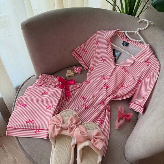2025 Cross-Border European and American Short-Sleeved Pajamas Outer Wear Lapel High-End Striped Bow Print Home Wear Set