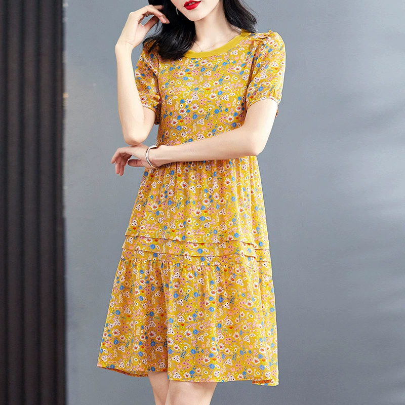 Тяжелое шелковое платье, новое летнее шелковое платье средней длины из Ханчжоу, миниатюрное шелковое платье средней длины с короткими рукавами и цветочным принтом для женщин