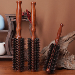 廠家批發花梨木純豬鬃毛尼龍滾梳大波浪造型美發梳防滑舒適捲髮梳