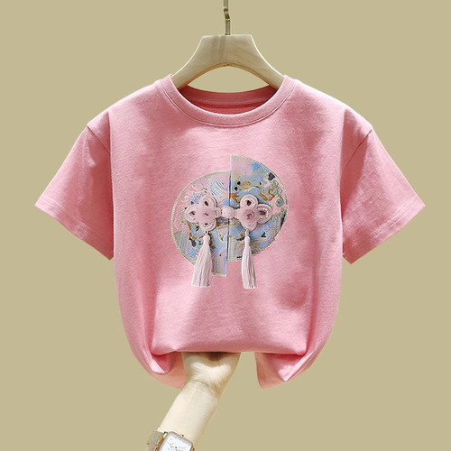 2395 Girls Summer Short Sleeve T-Shirt for Older Children, National Style and Trendy, Versatile Half Sleeve Children's Top, Sweet for Kids