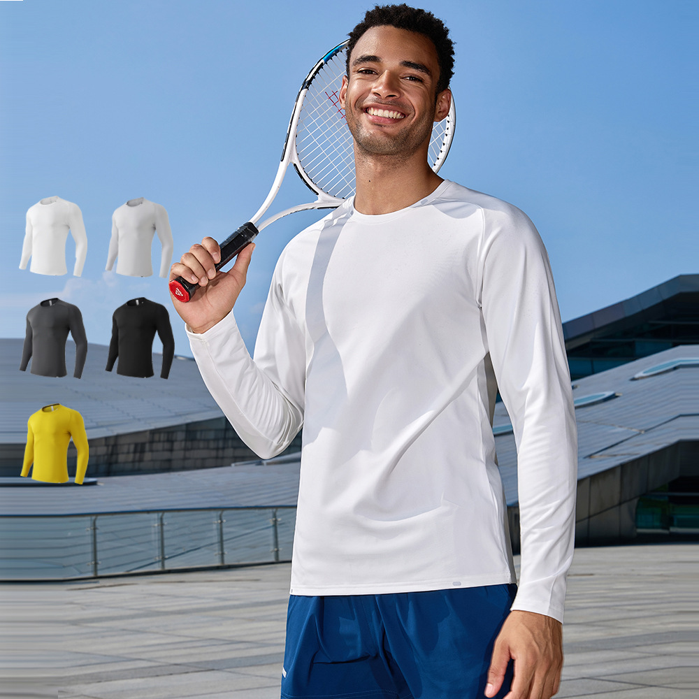 New Autumn and Winter Outdoor Sports Tops Fleece-Lined Long-Sleeved Round Neck T-Shirt Casual Quick-Drying Elastic Training Fitness Clothes for Men