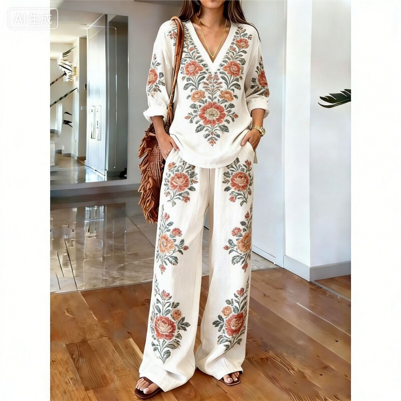 2026 Spring and Autumn Printed Cotton-Linen Long-Sleeve Wide-Leg Pants Kaftan Two-Piece Set Bohemian Exotic Style V-Neck Outfit 2026 Spring and Autumn Printed Cotton-Linen Long-Sleeve Wide-Leg Pants Kaftan Two-Piece Set Bohemian Exotic Style V-Neck Outfit