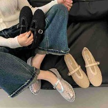 2025新款春夏季女鞋时尚百搭欧美风一字带透气浅口网鞋女平底单鞋