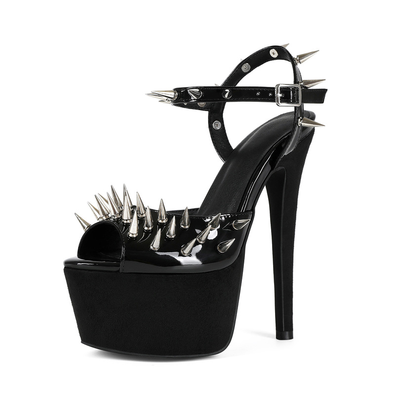 European and American Foreign Trade Cross-Border Nightclub Sexy Rivet Black Platform Stiletto Heels Cross-Dressing Large Size Women's High-Heeled Sandals