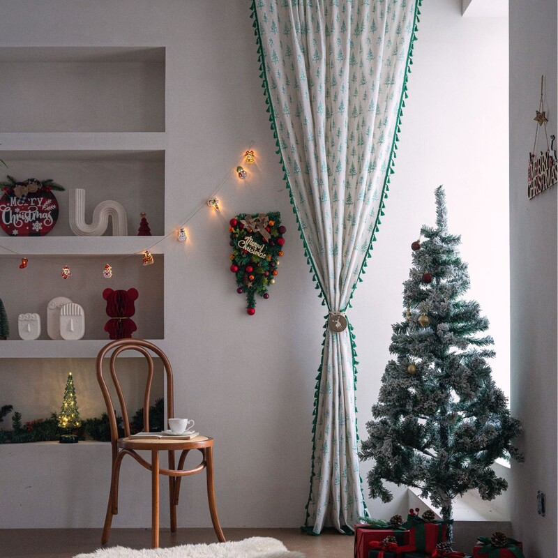 Qixin Curtain Green Christmas Gold Stamped Holly Leaf Small Window Kitchen Curtain Semi-Shading Bay Window Balcony Design Qixin Curtain Green Christmas Gold Stamped Holly Leaf Small Window Kitchen Curtain Semi-Shading Bay Window Balcony Design