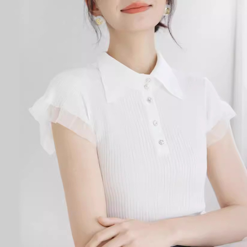 Exquisite Tencel Stitching Organza Knitwear Lace Stitching Small Point Collar Knitwear T-shirt Top Spring and Summer