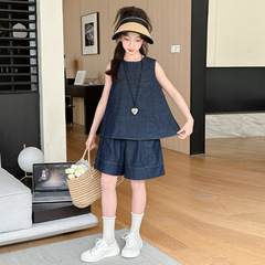 女大童休閒套裝夏季2024韓范洋氣吊帶無袖上衣時髦薄款牛仔闊腿褲