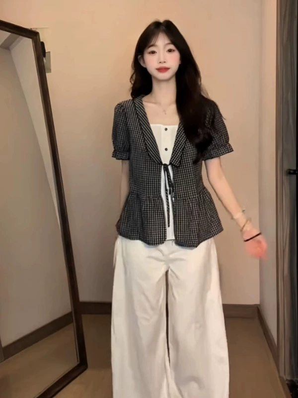 Новая летняя рубашка в нишевом стиле для женщин больших размеров, черный клетчатый топ из двух частей в американском ретро-стиле