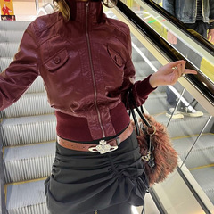酷帅美式辣妹风立领收腰复古短夹克街头ins口袋拉链机车皮革外套