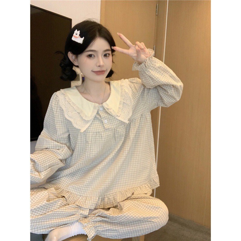 2024 Korean Style Sweet Cotton Loose Doll Collar Autumn Pullover Plaid Home Clothes suit dress