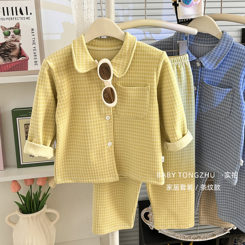 2025秋冬儿童睡衣套装韩版女童简约格子家居服男童翻领开衫两件套|undefined