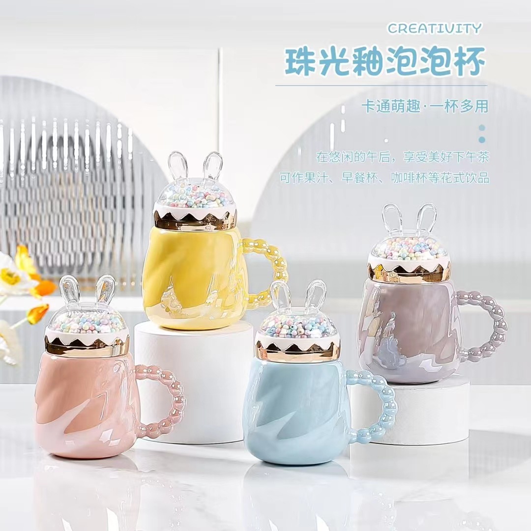 Estilo nórdico perla esmalte burbuja taza personalidad Orejas de conejo Internet celebridad chica corazón Oficina cerámica agua con mano regalo