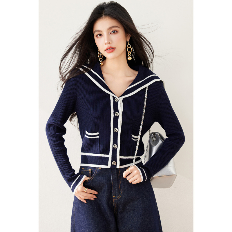 French Retro Chanel Style Knitted Cardigan Jacket Women's New Arrival Xizang Blue Navy Collar Loose Sweater Long Sleeve Top