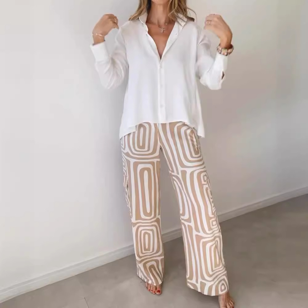 Women's Digital Print Loose Fit Shirt And Wide Leg Pants Two-Piece Set For Casual & Office Wear_ecoleips.com