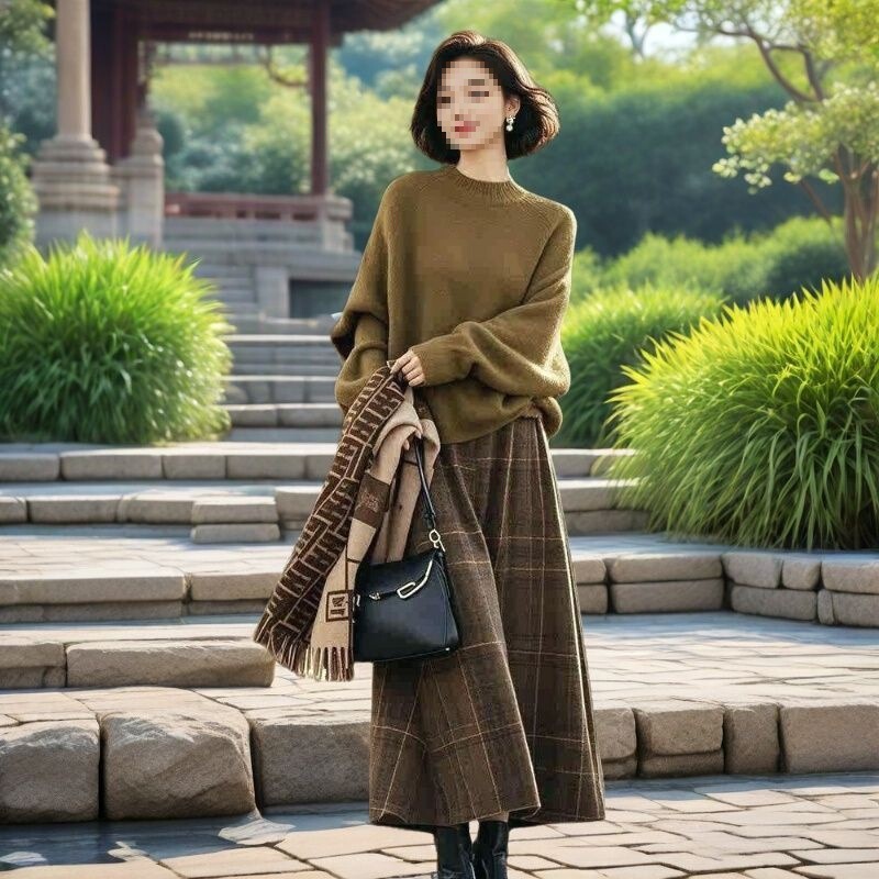 Light and Mature Knitted Sweater Autumn and Winter New Woolen Plaid Skirt Suit