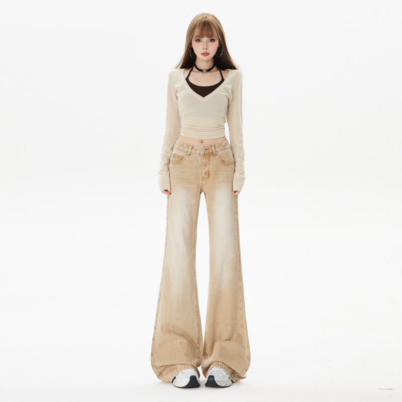 Dopamine Pink Flared Jeans for Women, Early Spring New Style, Low-Waisted, Loose Fit, Slimming, Non-Tight on the Legs, Flared Floor-Length Pants