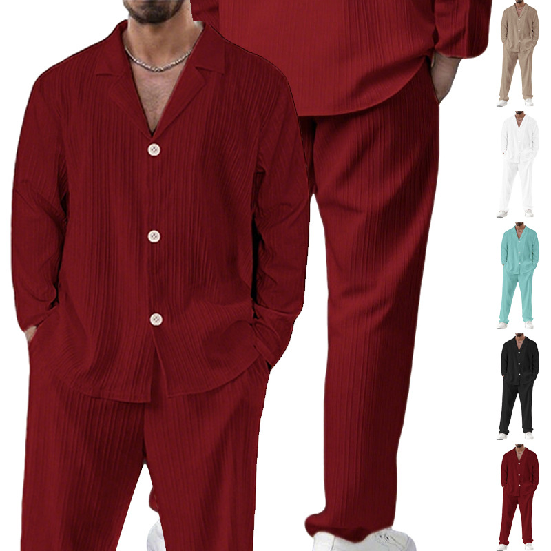 Nuevo transfronterizo de verano para hombres nuevo color sólido de mangas cortas camisa de mangas largas pantalones largos sueltos traje casual