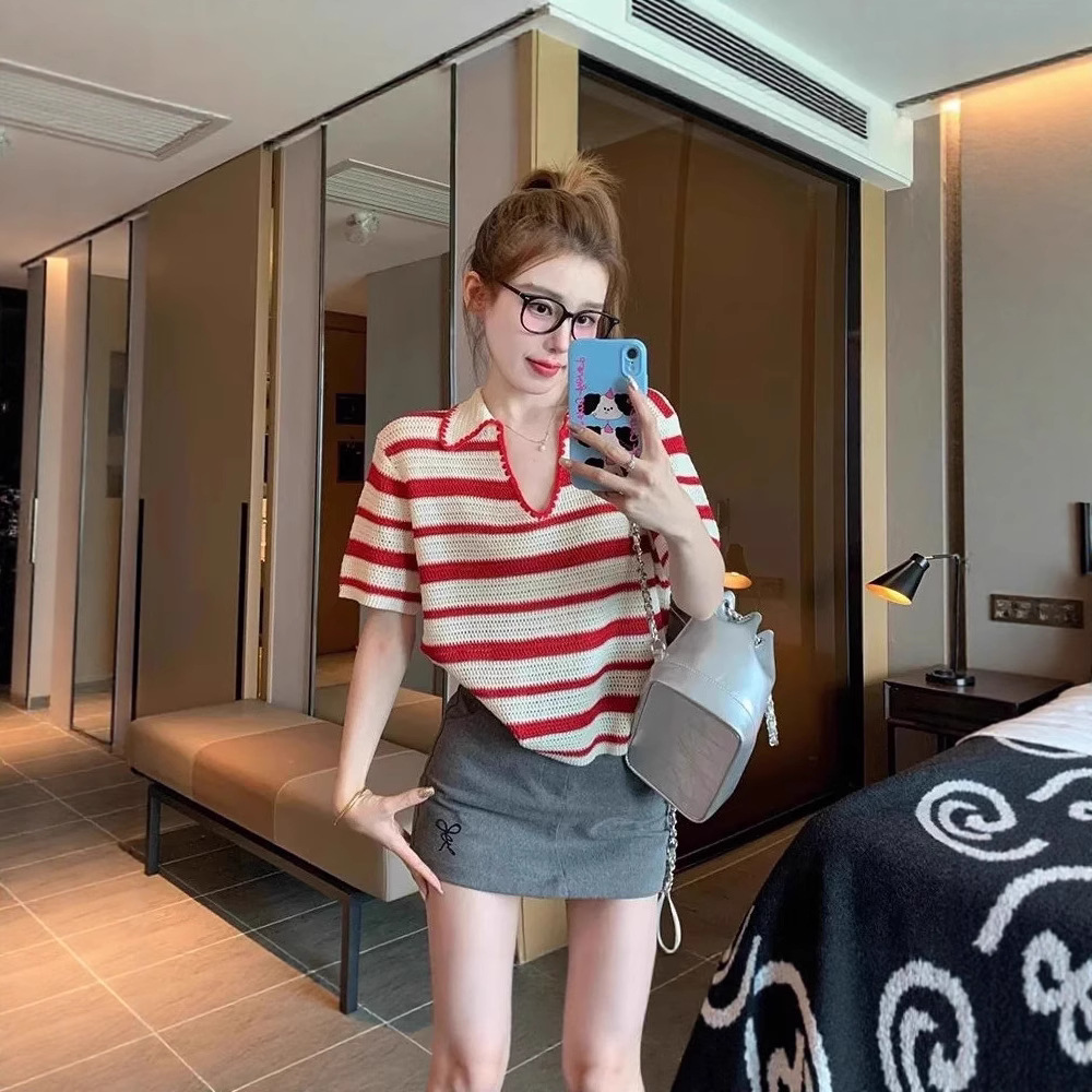 大码女装老钱风复古翻领条纹冰丝短袖t恤胖mm宽松显瘦减龄针织上