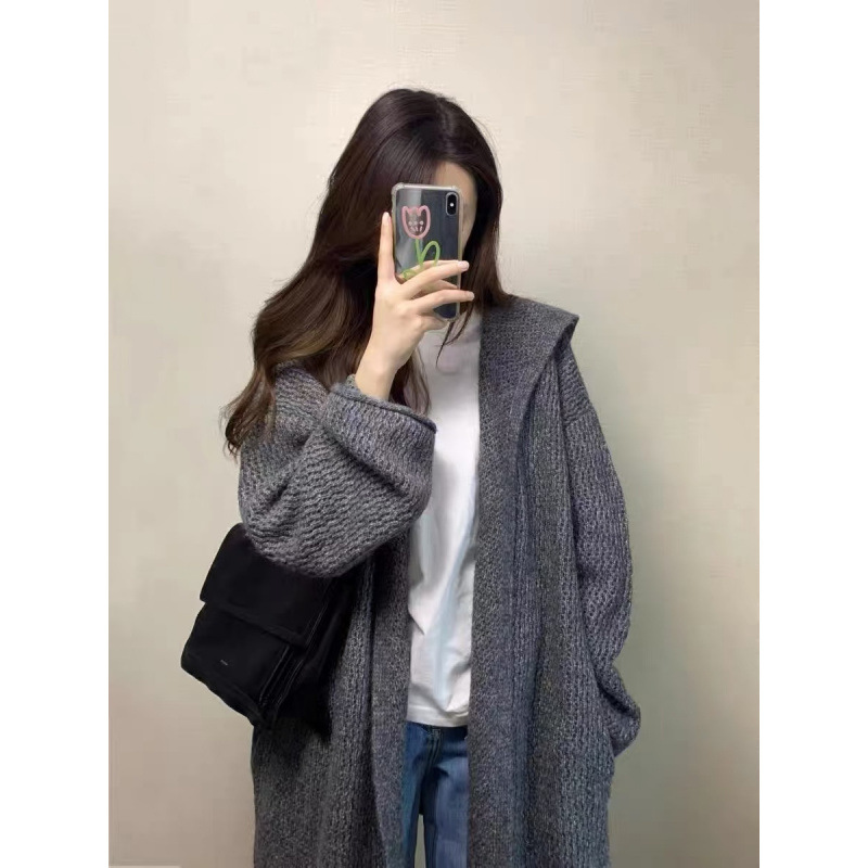 gris medio largo con capuzas con suéter chaqueta de otoño temprano temperamento coreano relajado sensación de cardigan de punto