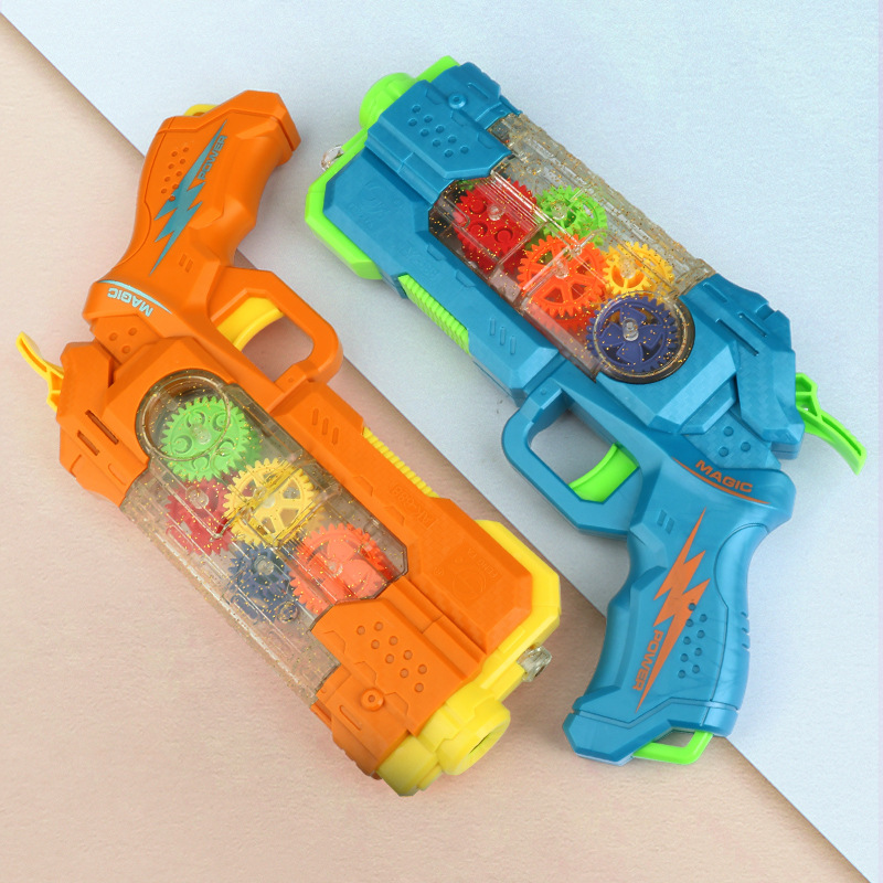 Nuevo modelo de proyección eléctrica pistola de engranajes de luz de música colorida ametralladora pistola de sonido y luz pistola de ocho tonos pistola de juguete transparente