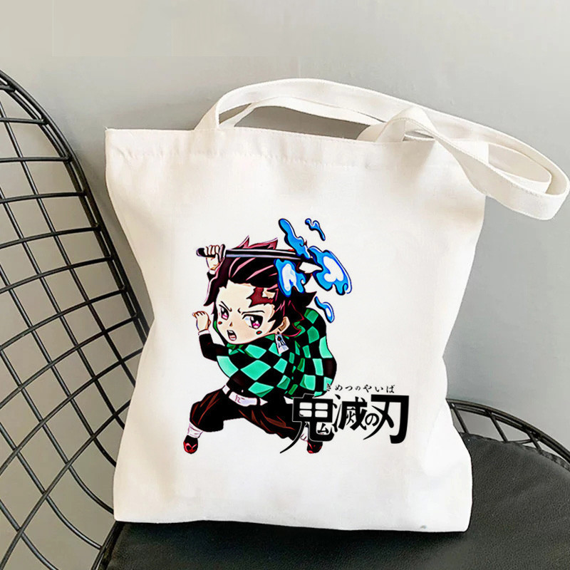 Comercio exterior transfronterizo Demonio Slayer impresión bolsa de lona Harjuku bolsa de hombro moda bolsa de compras portátil en stock